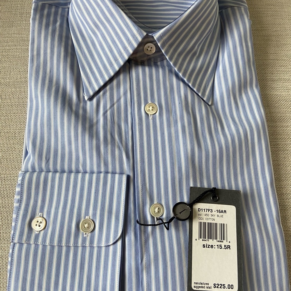 John Varvatos men’s dress shirt size 15.5R sky blue stripes 100% cotton NWT